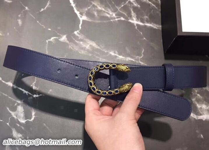 Discount Gucci Width 3.5cm Leather Belt Navy Blue with Crystal Dionysus Buckle 458944