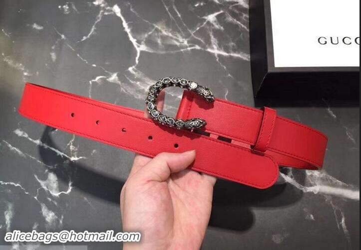 Hot Sale Gucci Width 3.5cm Leather Belt Red with White Crystal Dionysus Buckle 458945