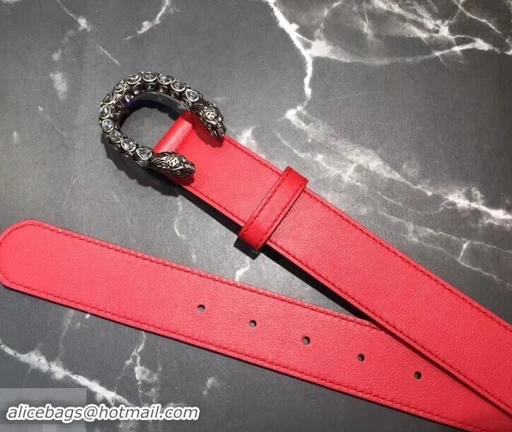 Hot Sale Gucci Width 3.5cm Leather Belt Red with White Crystal Dionysus Buckle 458945