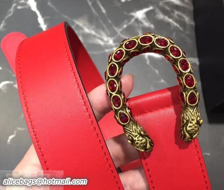 Popular Gucci Width 3.5cm Leather Belt Red with Red Crystal Dionysus Buckle 458946