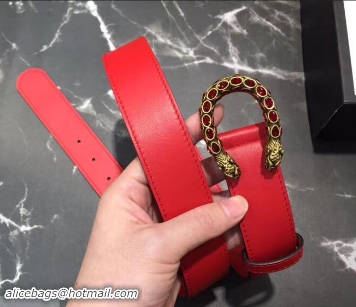 Popular Gucci Width 3.5cm Leather Belt Red with Red Crystal Dionysus Buckle 458946