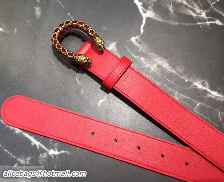 Popular Gucci Width 3.5cm Leather Belt Red with Red Crystal Dionysus Buckle 458946