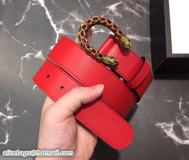 Popular Gucci Width 3.5cm Leather Belt Red with Red Crystal Dionysus Buckle 458946