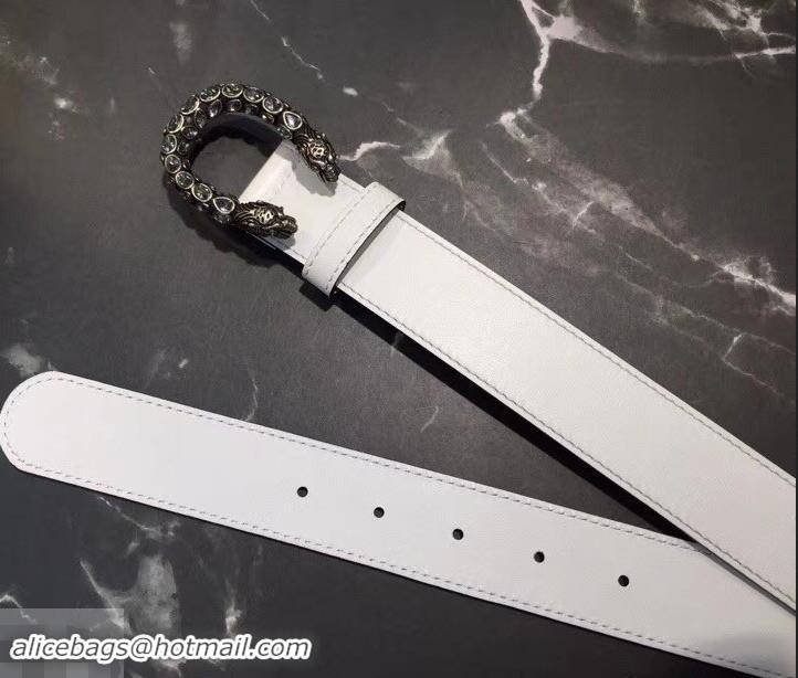 New Stylish Gucci Width 3.5cm Leather Belt White with White Crystal Dionysus Buckle 458946