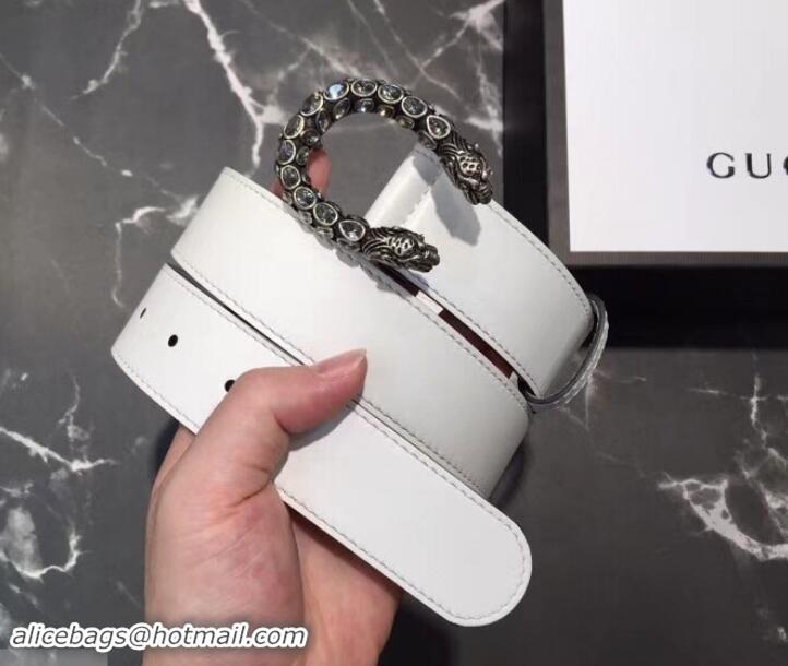 New Stylish Gucci Width 3.5cm Leather Belt White with White Crystal Dionysus Buckle 458946