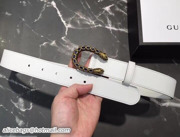 Classic Hot Gucci Width 3.5cm Leather Belt White with Blue Crystal Dionysus Buckle 458947