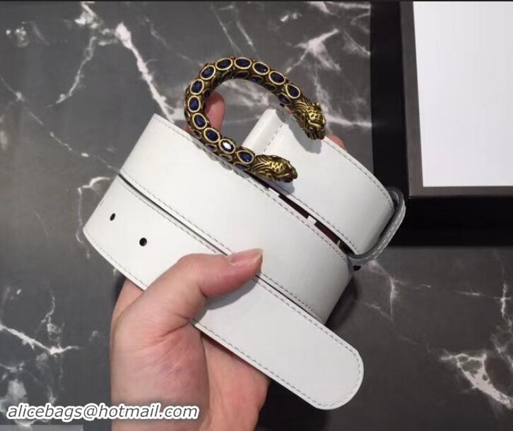 Classic Hot Gucci Width 3.5cm Leather Belt White with Blue Crystal Dionysus Buckle 458947