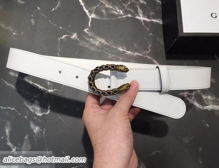 Classic Hot Gucci Width 3.5cm Leather Belt White with Blue Crystal Dionysus Buckle 458947