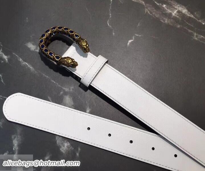 Classic Hot Gucci Width 3.5cm Leather Belt White with Blue Crystal Dionysus Buckle 458947