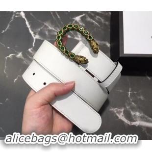 Cheapest Gucci Width 3.5cm Leather Belt White with Green Crystal Dionysus Buckle 458948