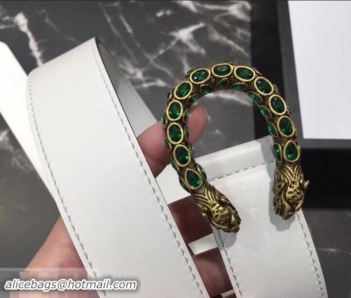 Cheapest Gucci Width 3.5cm Leather Belt White with Green Crystal Dionysus Buckle 458948