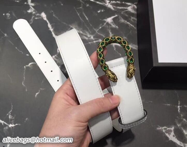 Cheapest Gucci Width 3.5cm Leather Belt White with Green Crystal Dionysus Buckle 458948