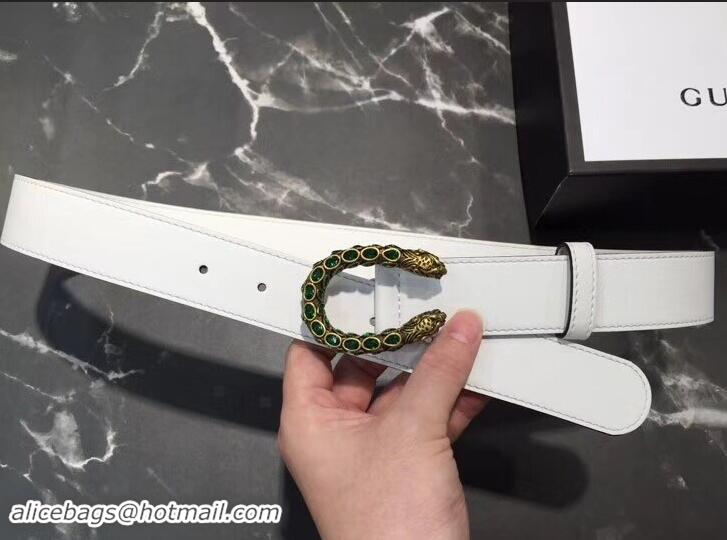 Cheapest Gucci Width 3.5cm Leather Belt White with Green Crystal Dionysus Buckle 458948