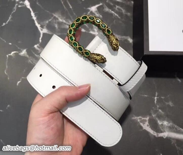 Cheapest Gucci Width 3.5cm Leather Belt White with Green Crystal Dionysus Buckle 458948