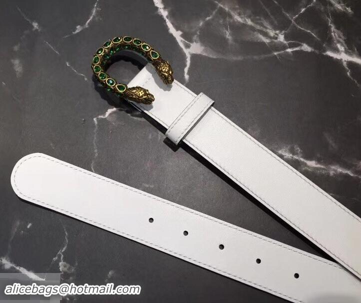 Cheapest Gucci Width 3.5cm Leather Belt White with Green Crystal Dionysus Buckle 458948