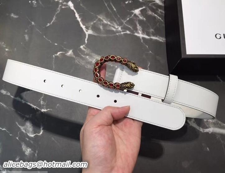 Beautiful Gucci Width 3.5cm Leather Belt White with Red Crystal Dionysus Buckle 458949