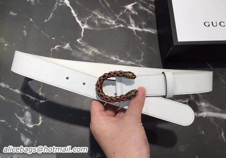 Beautiful Gucci Width 3.5cm Leather Belt White with Red Crystal Dionysus Buckle 458949