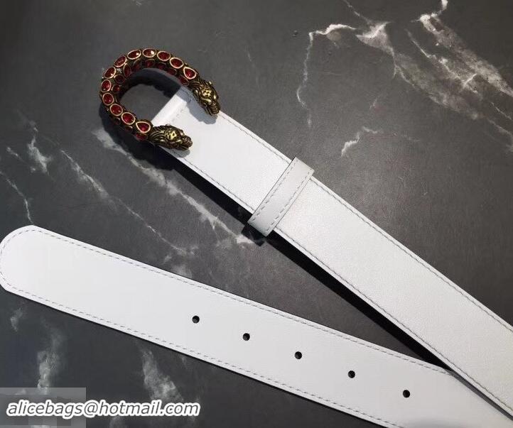 Beautiful Gucci Width 3.5cm Leather Belt White with Red Crystal Dionysus Buckle 458949