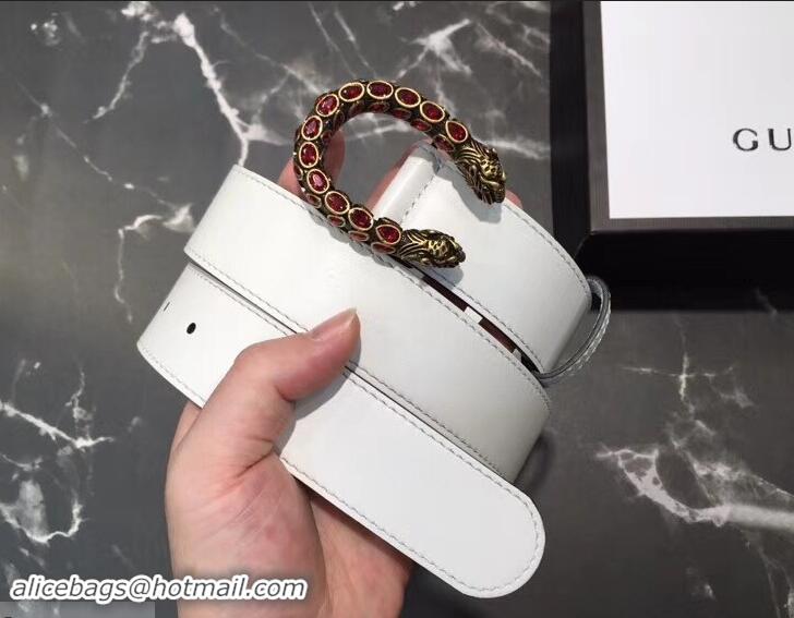 Beautiful Gucci Width 3.5cm Leather Belt White with Red Crystal Dionysus Buckle 458949