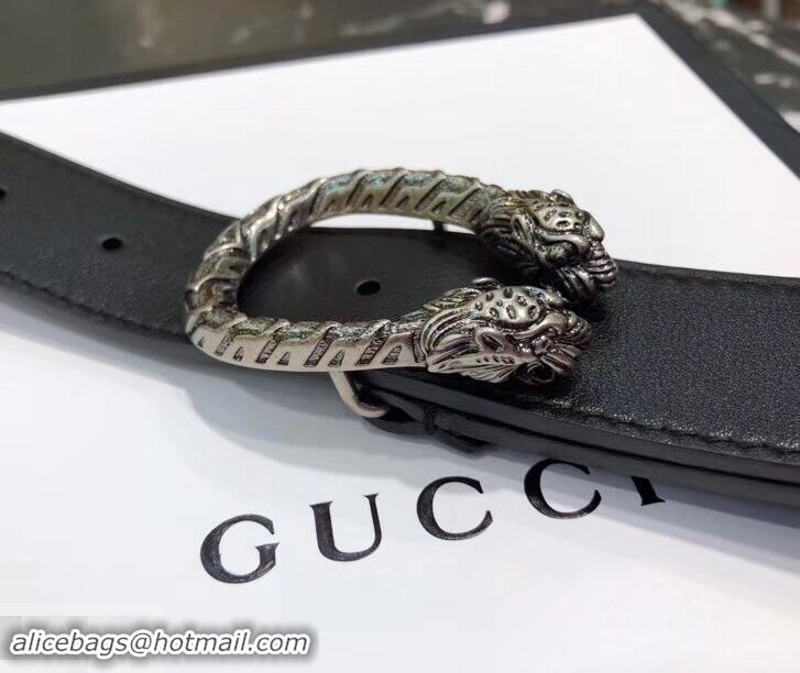 Fashion Gucci Width 3.5cm Leather Belt Black/Silver with Dionysus Buckle 458951