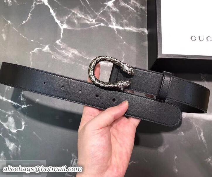 Fashion Gucci Width 3.5cm Leather Belt Black/Silver with Dionysus Buckle 458951