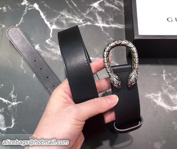 Fashion Gucci Width 3.5cm Leather Belt Black/Silver with Dionysus Buckle 458951