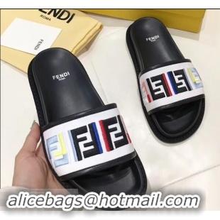 Colorful Discount Fendi Slides Multicolour FF Logo Canvas F93110 White 2019