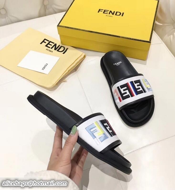 Colorful Discount Fendi Slides Multicolour FF Logo Canvas F93110 White 2019