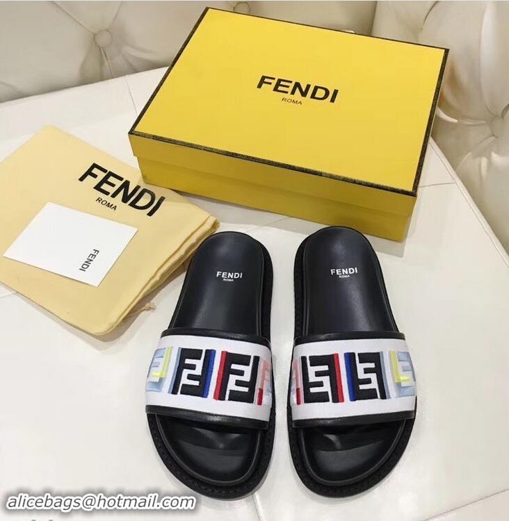 Colorful Discount Fendi Slides Multicolour FF Logo Canvas F93110 White 2019