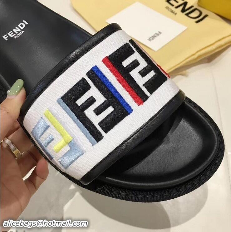 Colorful Discount Fendi Slides Multicolour FF Logo Canvas F93110 White 2019