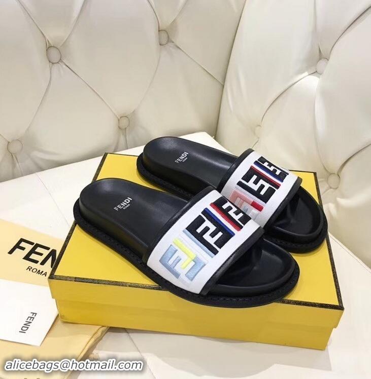 Colorful Discount Fendi Slides Multicolour FF Logo Canvas F93110 White 2019