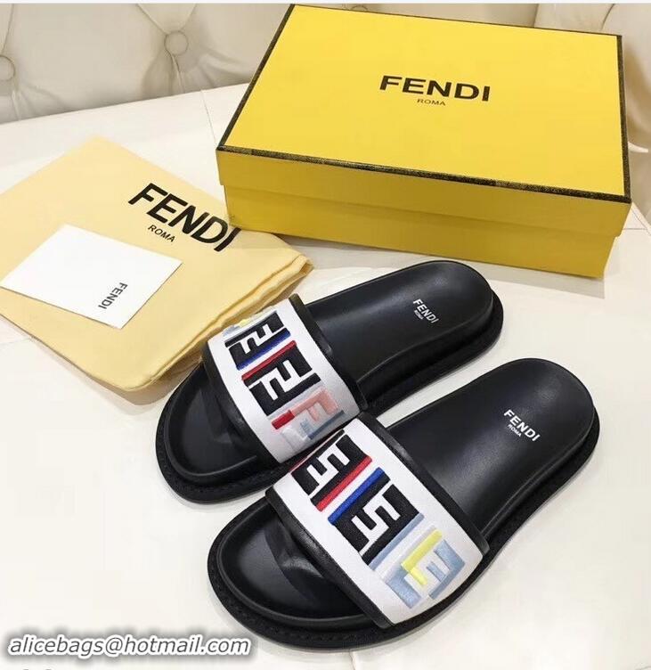 Colorful Discount Fendi Slides Multicolour FF Logo Canvas F93110 White 2019