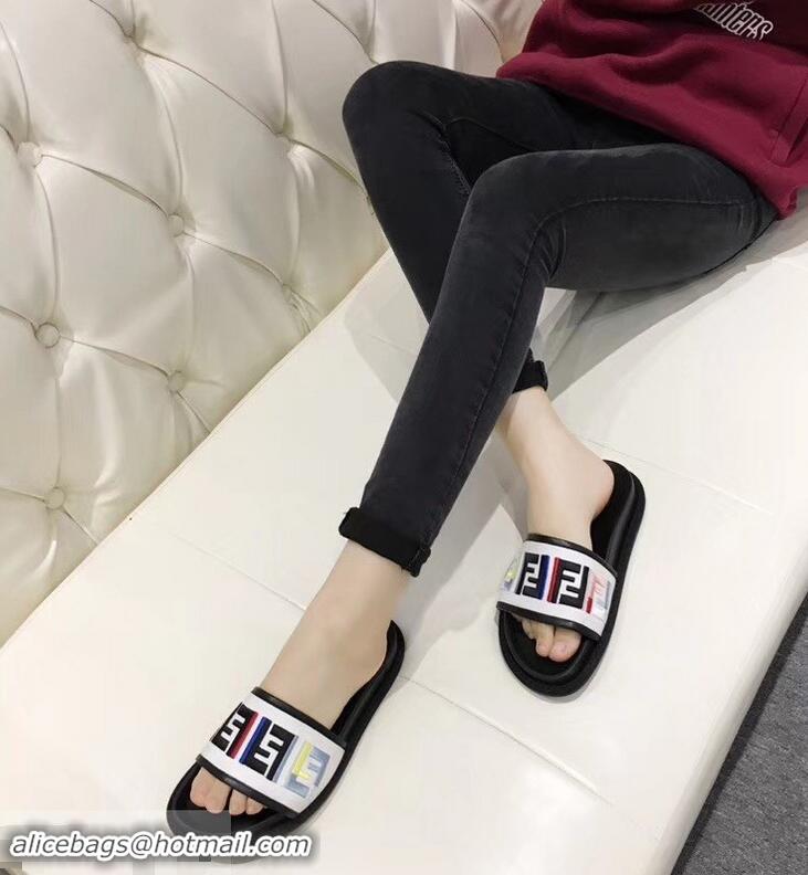 Colorful Discount Fendi Slides Multicolour FF Logo Canvas F93110 White 2019