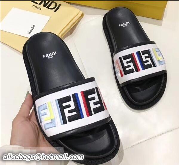 Colorful Discount Fendi Slides Multicolour FF Logo Canvas F93110 White 2019