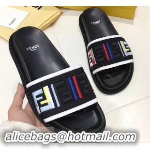 Fashion Low Cost Fendi Slides Multicolour FF Logo Canvas F93110 Black 2019