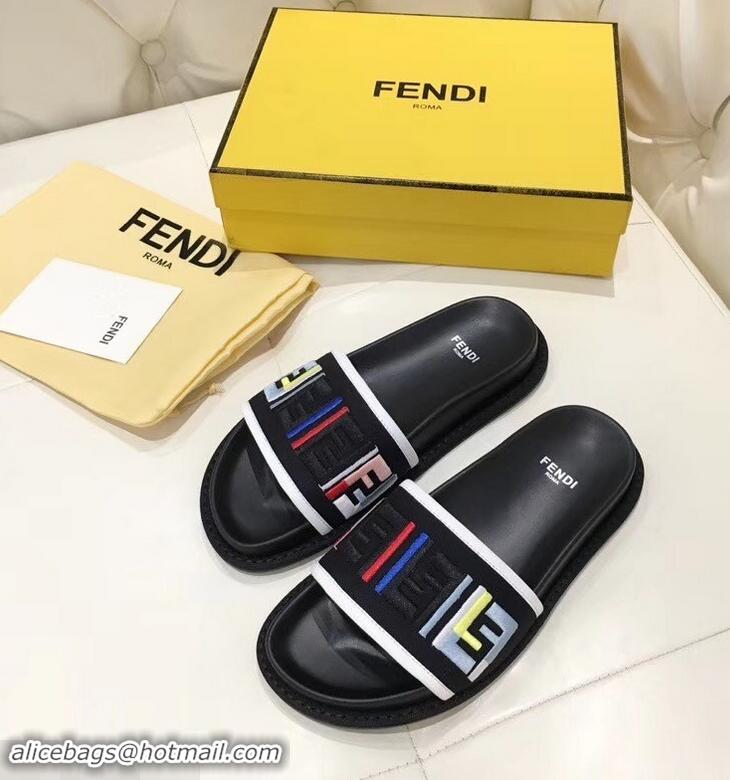 Fashion Low Cost Fendi Slides Multicolour FF Logo Canvas F93110 Black 2019