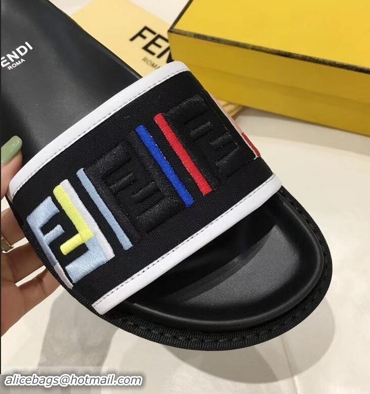 Fashion Low Cost Fendi Slides Multicolour FF Logo Canvas F93110 Black 2019