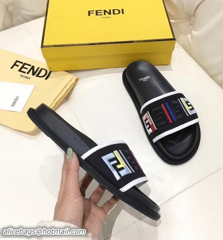 Fashion Low Cost Fendi Slides Multicolour FF Logo Canvas F93110 Black 2019