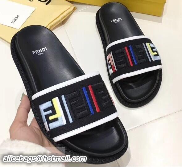 Fashion Low Cost Fendi Slides Multicolour FF Logo Canvas F93110 Black 2019