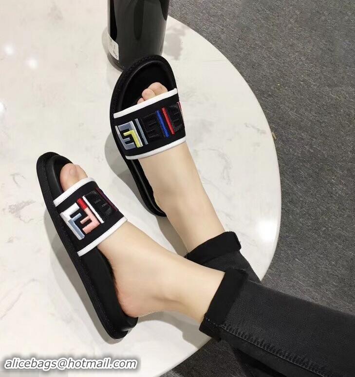 Fashion Low Cost Fendi Slides Multicolour FF Logo Canvas F93110 Black 2019