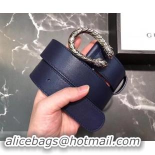 Famous Gucci Width 3.5cm Leather Belt Navy Blue with Dionysus Buckle 458953