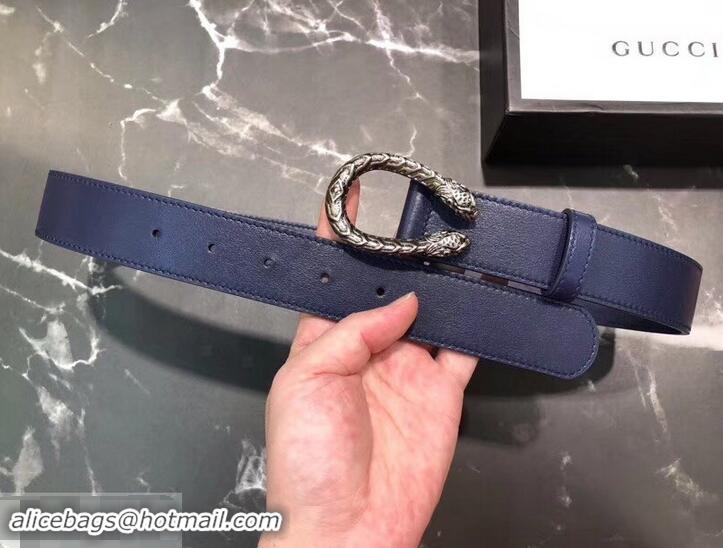 Famous Gucci Width 3.5cm Leather Belt Navy Blue with Dionysus Buckle 458953