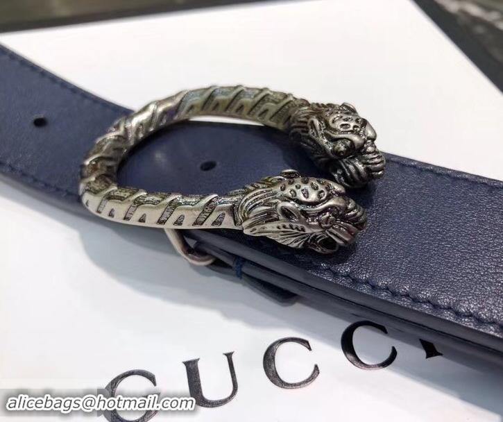 Famous Gucci Width 3.5cm Leather Belt Navy Blue with Dionysus Buckle 458953