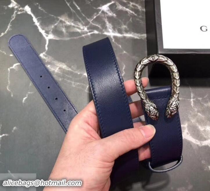 Famous Gucci Width 3.5cm Leather Belt Navy Blue with Dionysus Buckle 458953