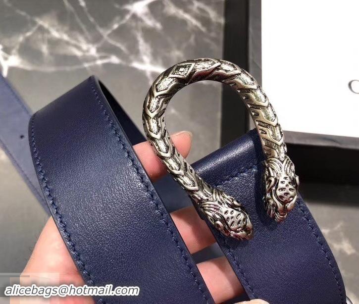 Famous Gucci Width 3.5cm Leather Belt Navy Blue with Dionysus Buckle 458953