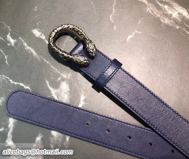 Famous Gucci Width 3.5cm Leather Belt Navy Blue with Dionysus Buckle 458953