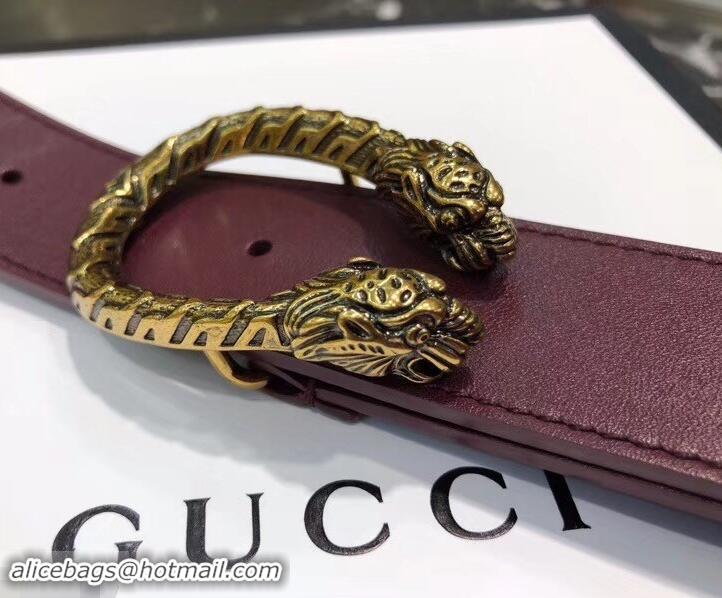 Luxury Gucci Width 3.5cm Leather Belt Burgundy with Dionysus Buckle 458954