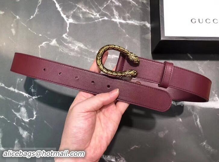 Luxury Gucci Width 3.5cm Leather Belt Burgundy with Dionysus Buckle 458954