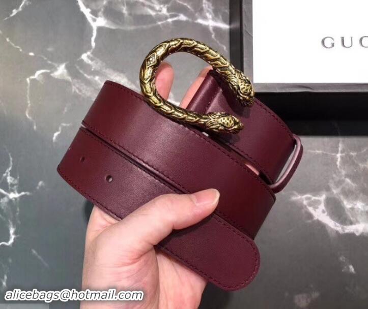 Luxury Gucci Width 3.5cm Leather Belt Burgundy with Dionysus Buckle 458954