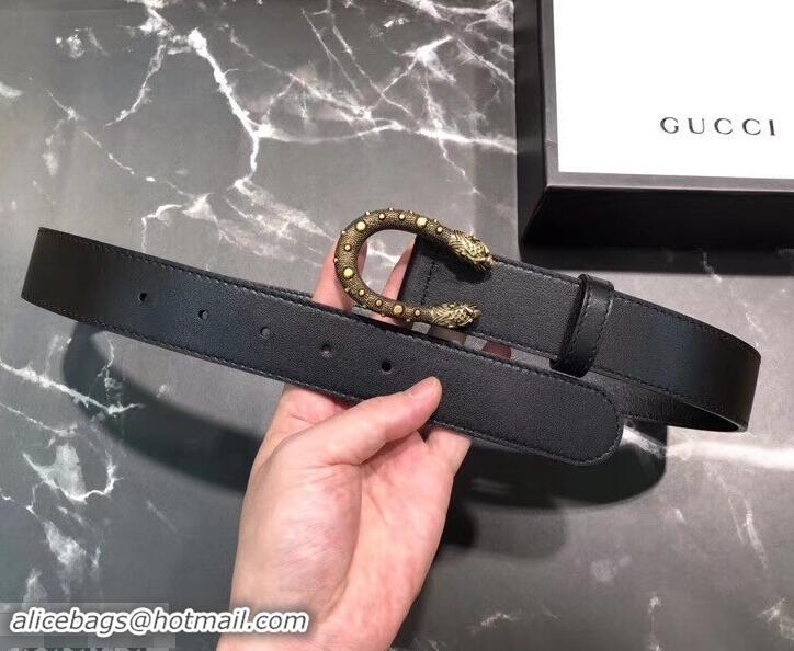 Practical Gucci Width 3.5cm Leather Belt Black/Gold with Dionysus Stud Buckle 458955